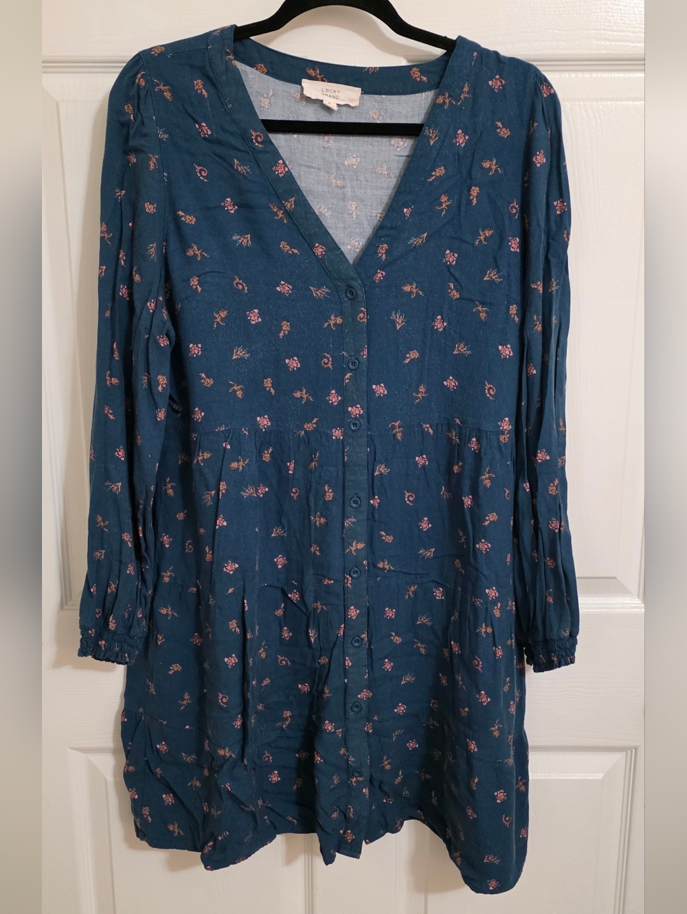Teal Blue Floral Button-Front Tunic Dress